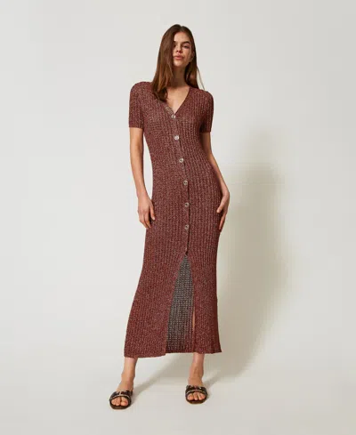 Twinset Robe Longue-cardigan En Maille Avec Lurex In Brown