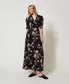 Twinset Robe Longue En Crêpe De Chine Floral In Black