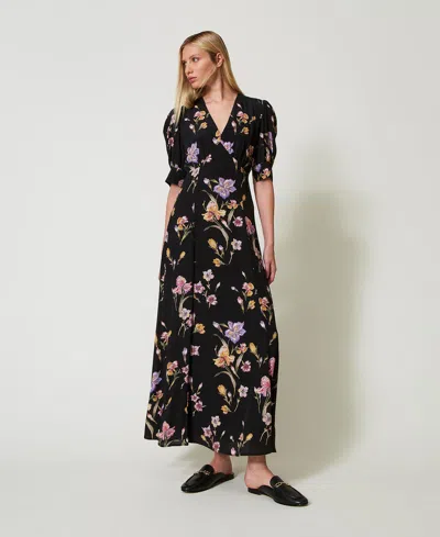 Twinset Robe Longue En Crêpe De Chine Floral In Black