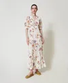 Twinset Robe Longue En Crêpe De Chine Floral In Multi