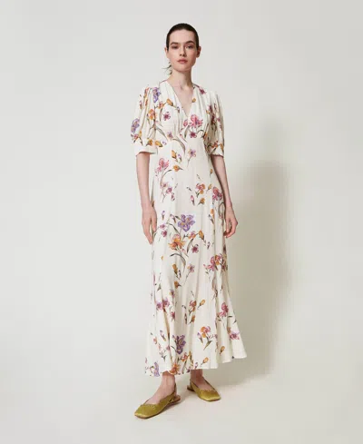 Twinset Robe Longue En Crêpe De Chine Floral In Multi