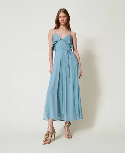 Twinset Robe Longue En Crêpe Et Dentelle De Chantilly Avec Ruches In Blue
