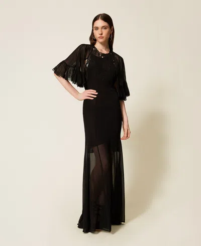Twinset Robe Longue En Crêpe Georgette Avec Broderie In Black