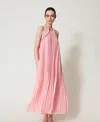 Twinset Robe Longue En Crêpe Georgette Avec Ceinture In Pink