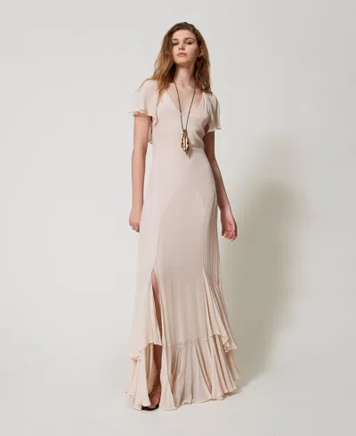 Twinset Robe Longue En Crêpe Georgette Avec Volants In Neutral