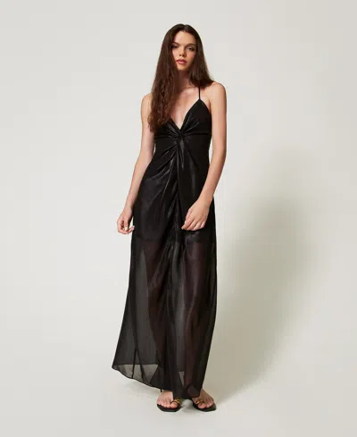 Twinset Robe Longue En Crêpe Georgette Lamé In Black