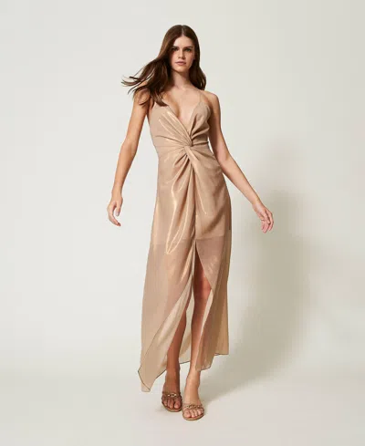 Twinset Robe Longue En Crêpe Georgette Lamé In Gold