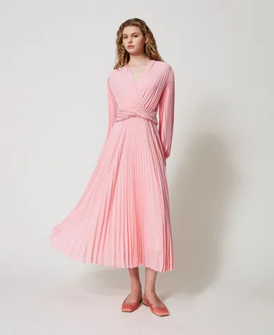 Twinset Robe Longue En Crêpe Georgette Plissé In Pink