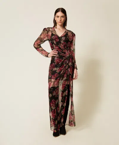 Twinset Robe Longue En Crépon De Soie Avec Fleurs In Multi