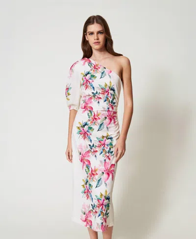 Twinset Robe Longue En Lin Mélangé Avec Imprimé Floral In White