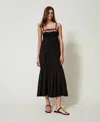 Twinset Long Knit Dress With Embroidery In Black