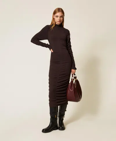Twinset Robe Longue En Maille Avec Fronce In Brown