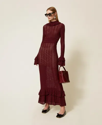 Twinset Robe Longue En Maille Avec Volants In Burgundy