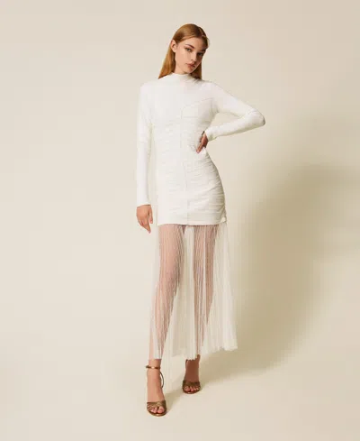 Twinset Robe Longue En Maille Et Tulle In White