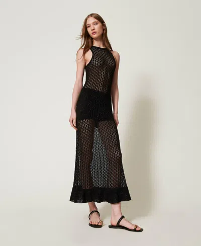 Twinset Robe Longue En Maille Point Filet Et Lurex In Black