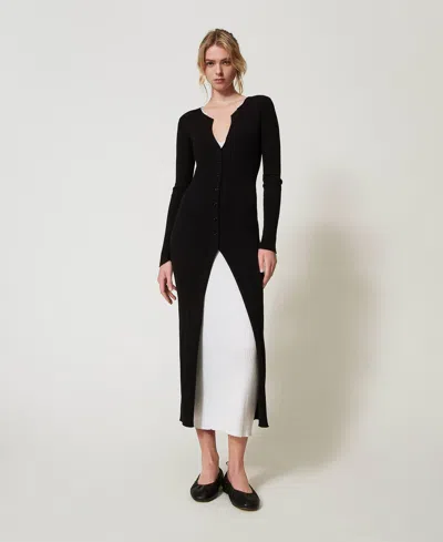 Twinset Robe Longue En Maille Trompe-l'ail In Black