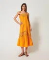 Twinset Robe Longue En Popeline Avec Broderies Anglaises In Orange