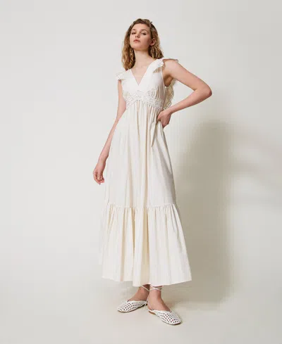 Twinset Robe Longue En Popeline Avec Crochet In White