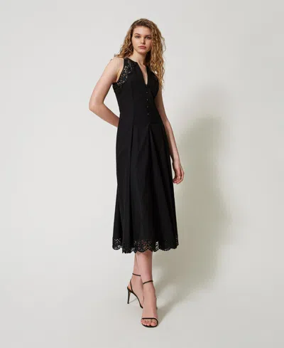 Twinset Robe Longue En Popeline Avec Dentelle In Black