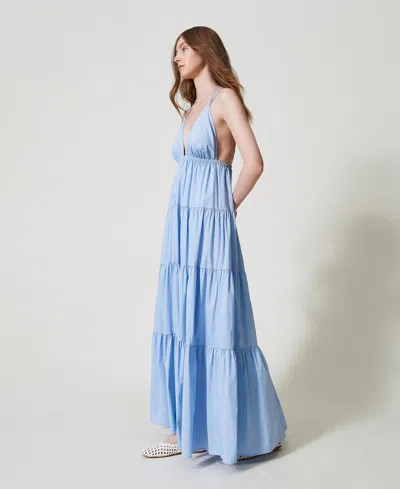 Twinset Robe Longue En Popeline Avec Volants In Blue