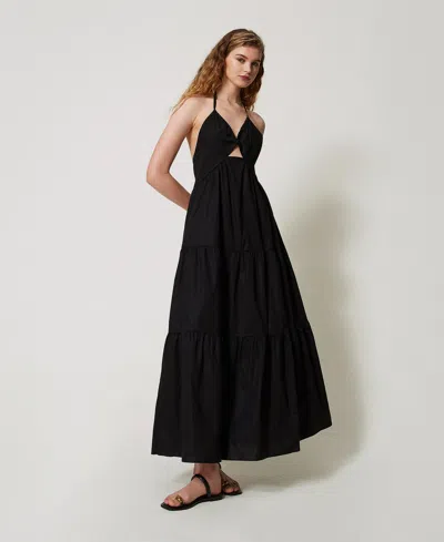 Twinset Robe Longue En Popeline Avec Volants In Black