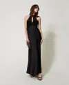 Twinset Robe Longue En Satin Avec Bustier Au Crochet In Black