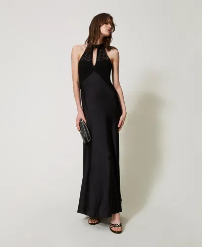 Twinset Robe Longue En Satin Avec Bustier Au Crochet In Black