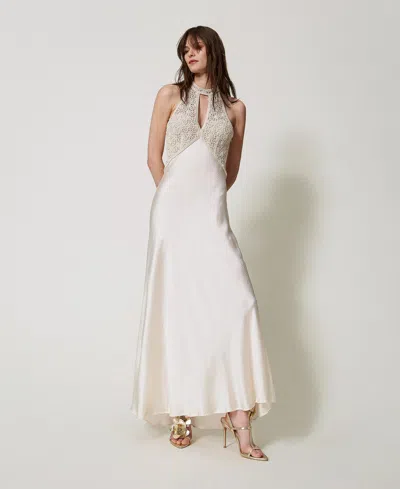 Twinset Robe Longue En Satin Avec Bustier Au Crochet In Multi
