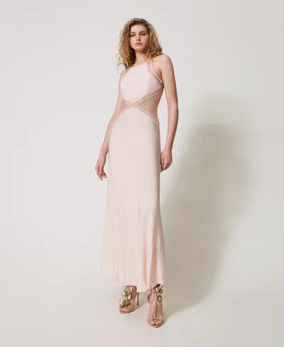 Twinset Robe Longue En Satin Avec Encolure Américaine Et Dentelle In Neutral