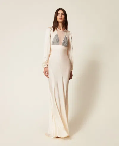 Twinset Robe Longue En Satin Et Tulle Avec Broderie In White