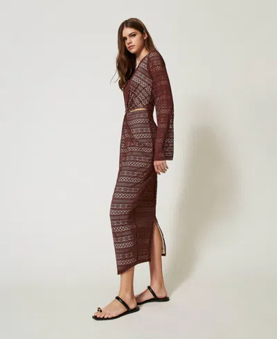 Twinset Robe Longue En Tissu Ajouré In Brown