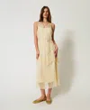 Twinset Robe Longue En Tulle Avec Volants Plissés In Neutral