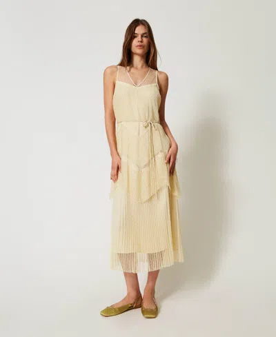 Twinset Robe Longue En Tulle Avec Volants Plissés In Neutral