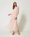 Twinset Robe Longue En Tulle Plissé Avec Volants In Neutral