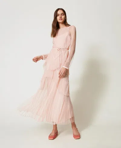 Twinset Robe Longue En Tulle Plissé Avec Volants In Neutral
