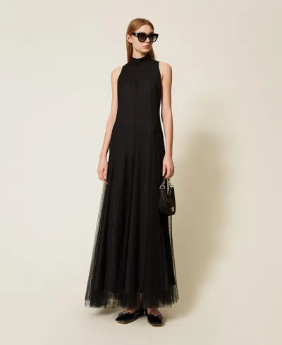 Twinset Robe Longue En Tulle Plumetis In Black