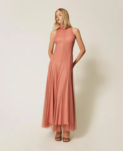 Twinset Robe Longue En Tulle Plumetis In Brown