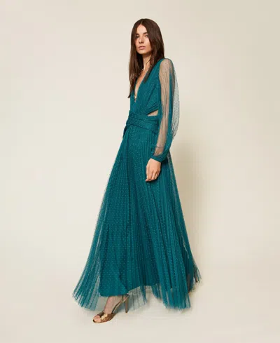Twinset Robe Longue En Tulle Plumetis In Blue