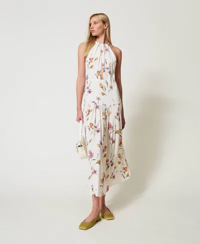 Twinset Robe Longue Encolure Américaine En Crêpe De Chine Floral In Multi