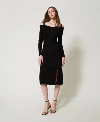Twinset Robe Longue Épaules Dénudées En Maille In Black