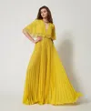 Twinset Robe Longue « Filicudi » Plissée Avec Dentelle In Yellow