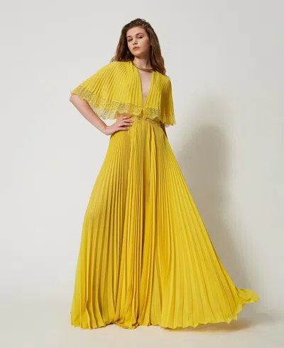 Twinset Robe Longue « Filicudi » Plissée Avec Dentelle In Yellow