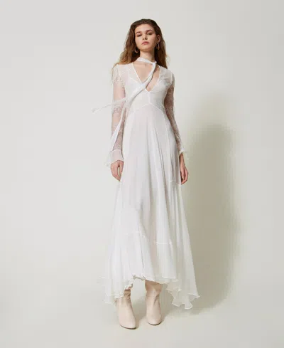 Twinset Robe Longue « Giglio » En Dentelle Et Soie In White