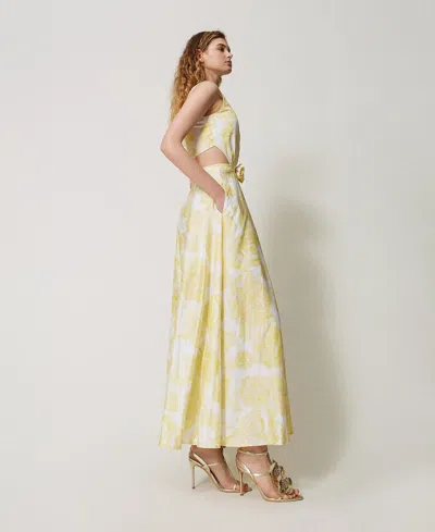 Twinset Robe Longue Imprimée Avec Rose Appliquée In Yellow