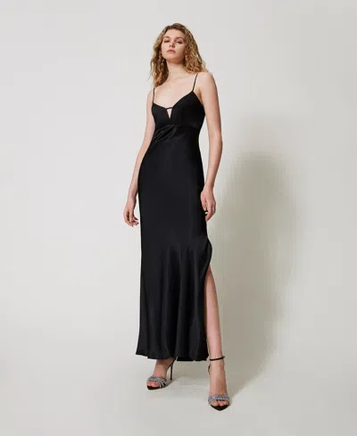 Twinset Robe Longue Nuisette En Satin In Black