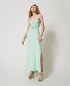 Twinset Robe Longue Nuisette En Satin In Blue