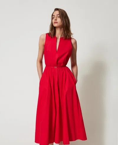 Twinset Robe Longue Sans Manches En Popeline In Red