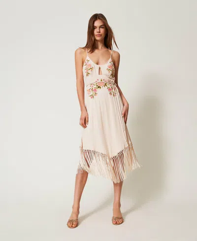 Twinset Robe Midi Avec Broderie Florale In Neutral