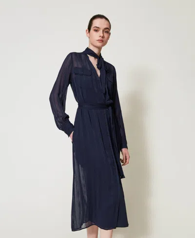 Twinset Robe Midi Chemisier En Crêpe Georgette Et Satin In Blue