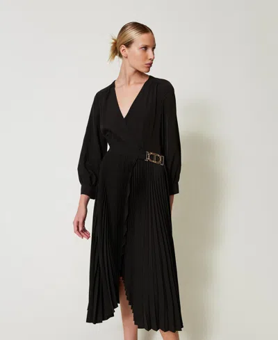 Twinset Robe Midi En Crêpe De Chine Plissé In Black